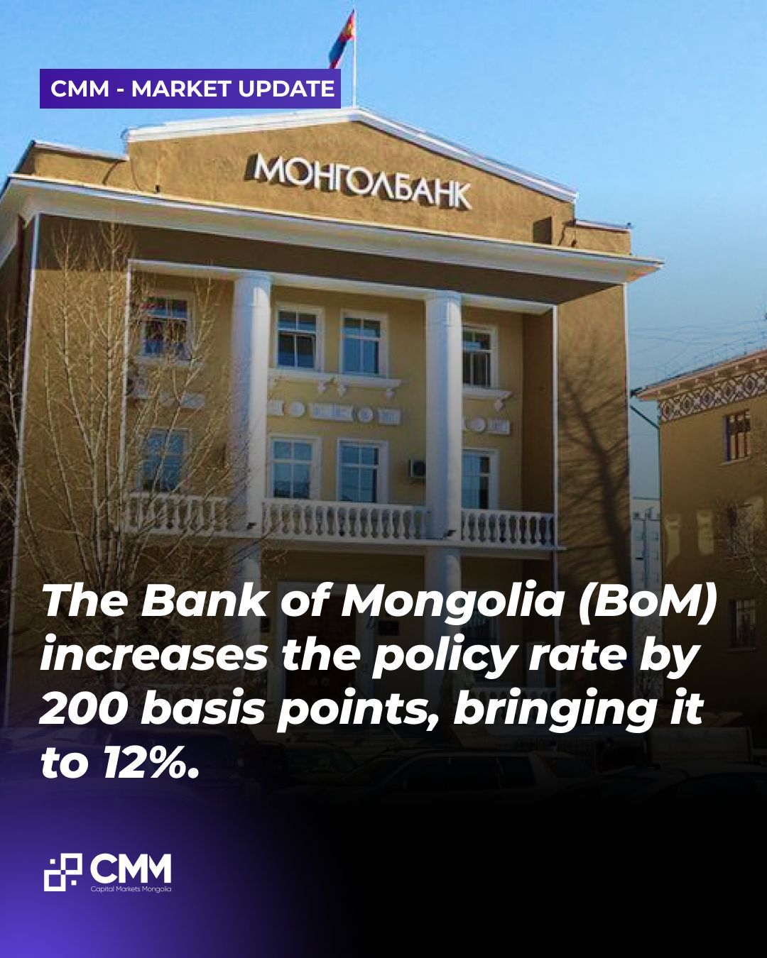 Bank of Mongolia (BoM) increases the policy rate by 200 basis points, bringing it to 12%